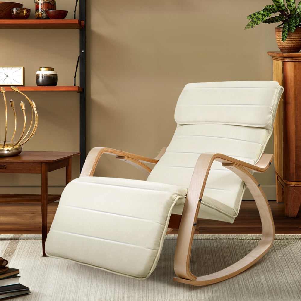 Artiss Fabric Rocking Armchair in beige with adjustable footrest, showcasing its ergonomic design and soft cotton fabric.