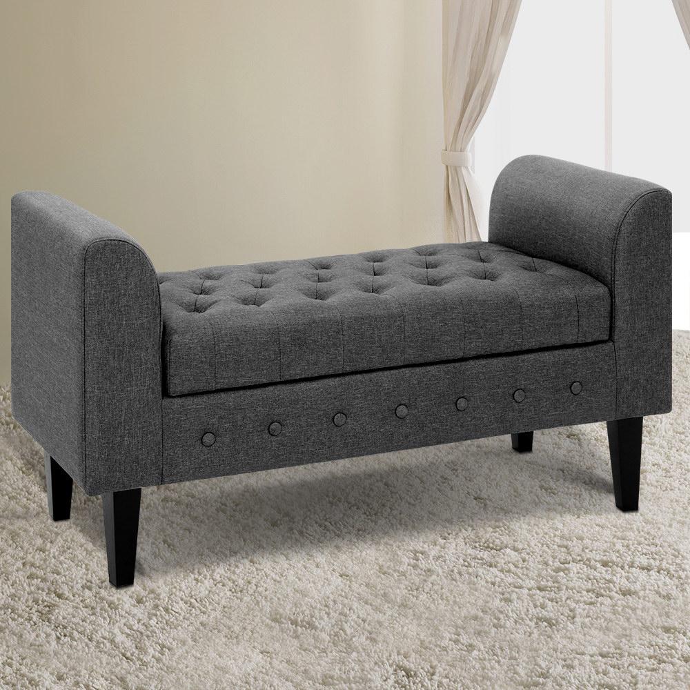 Artiss Fabric Storage Ottoman in Grey with tufted seating and lift-up lid for storage, showcasing its elegant faux linen fabric and solid wood construction.