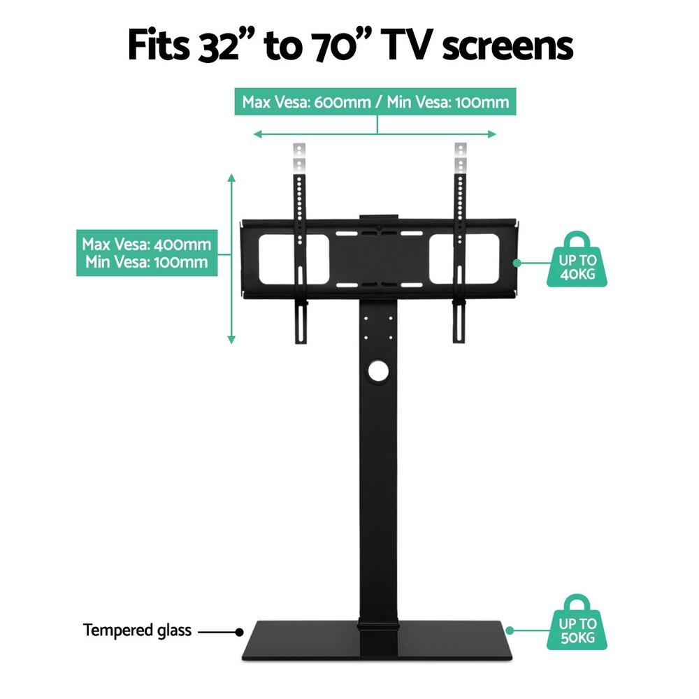 Artiss Floor TV Stand Bracket Mount, adjustable for 32 to 70-inch TVs, featuring a sleek black design with tempered glass base.