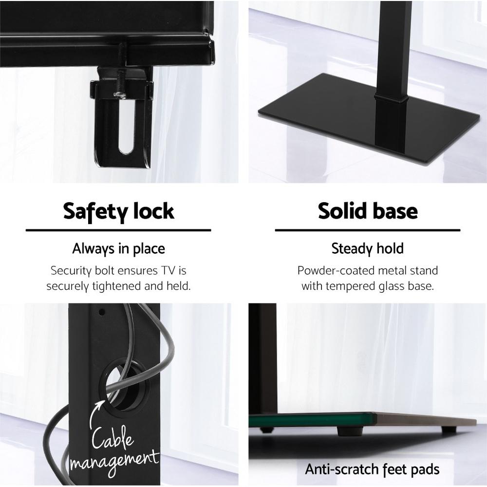 Artiss Floor TV Stand Bracket Mount, adjustable for 32 to 70-inch TVs, featuring a sleek black design with tempered glass base.