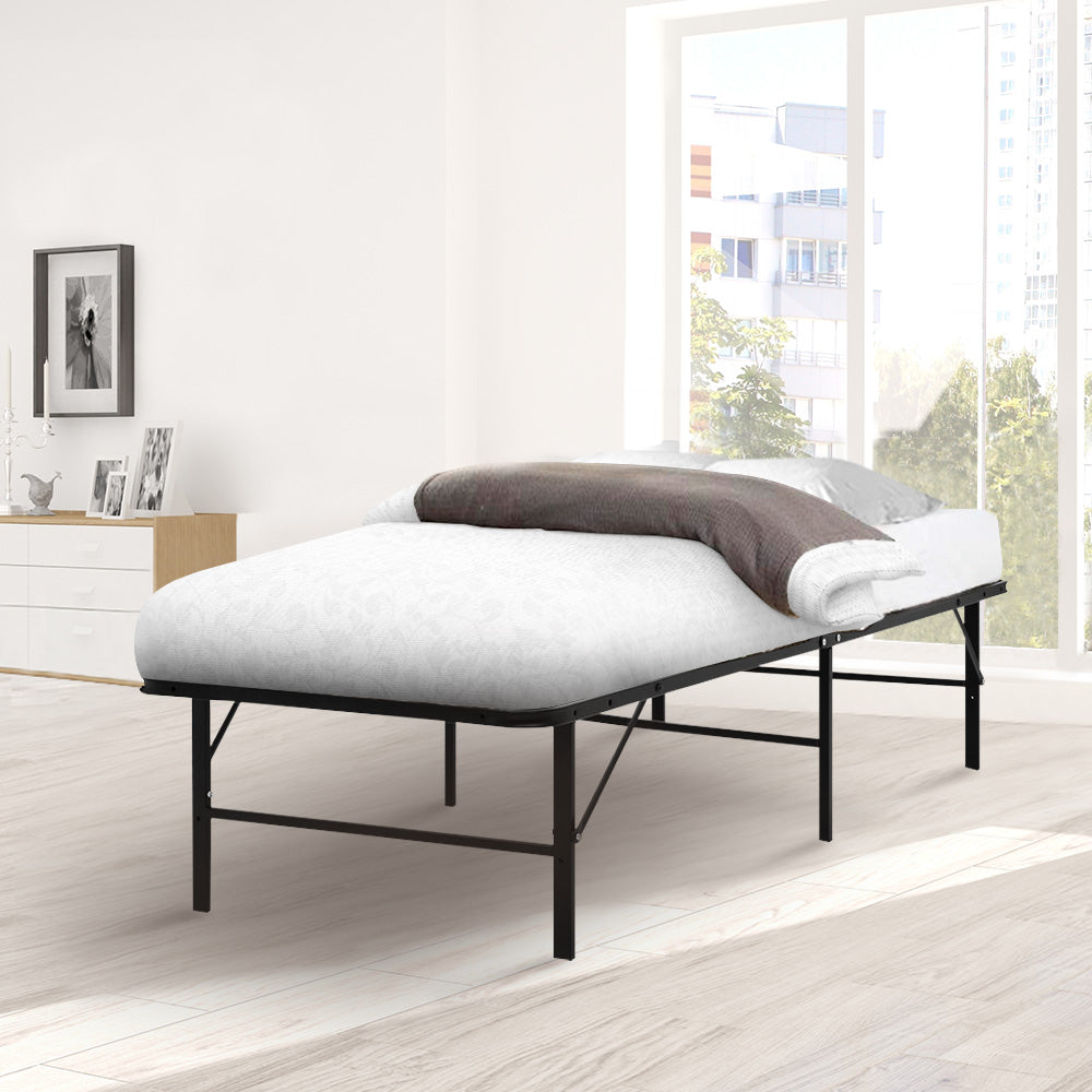 Artiss Folding Bed Frame in black, showcasing its sturdy metal construction and foldable design, ideal for portable use.