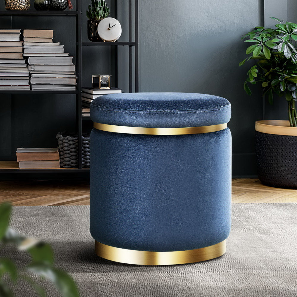 Artiss Round Velvet Navy Foot Stool Ottoman with tufted design and gold stainless-steel rings, perfect for home decor.