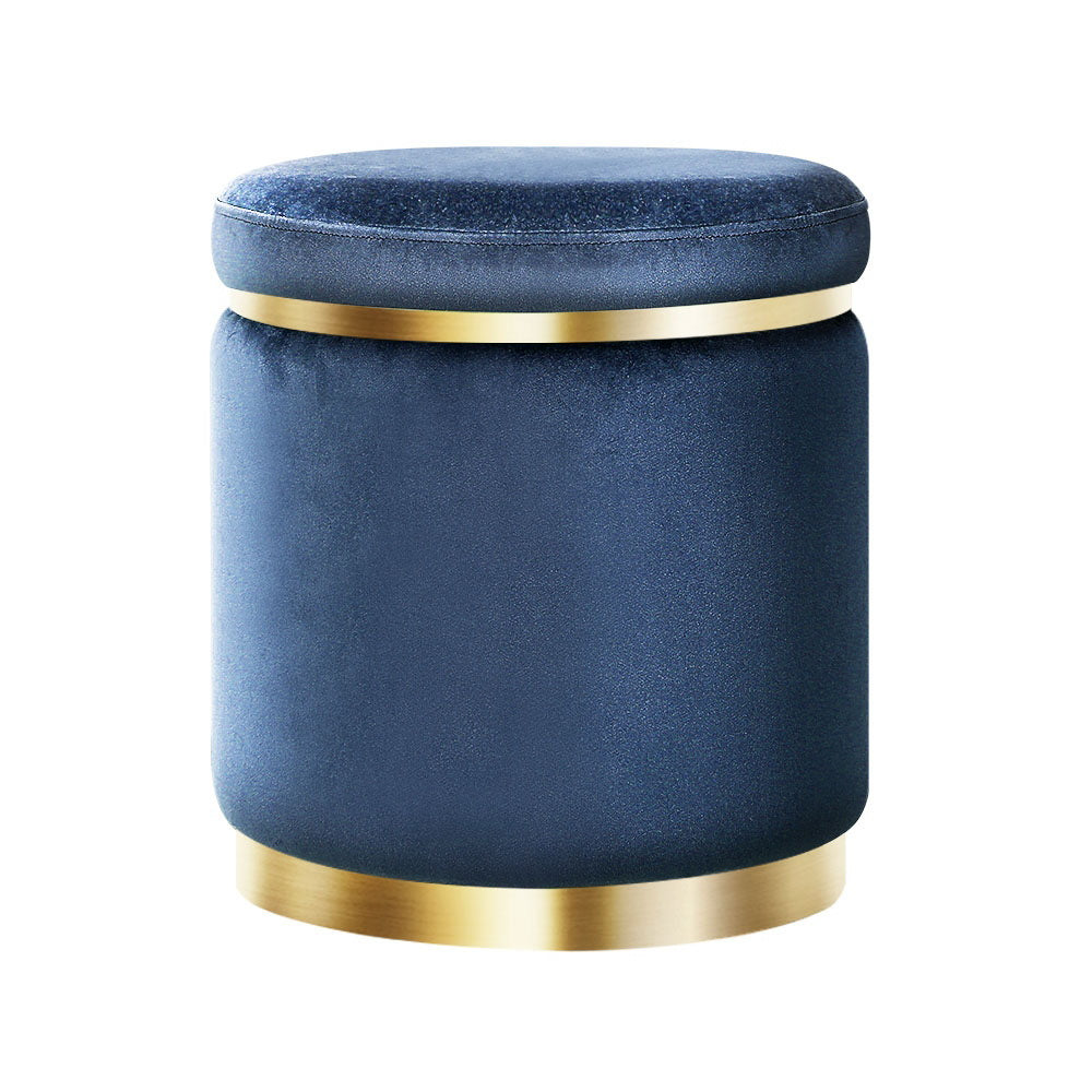 Artiss Round Velvet Navy Foot Stool Ottoman with tufted design and gold stainless-steel rings, perfect for home decor.