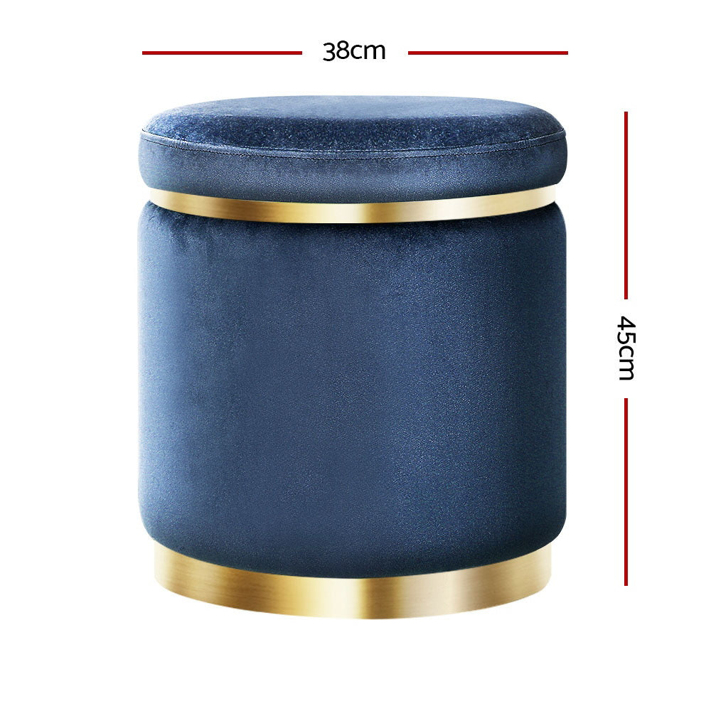 Artiss Round Velvet Navy Foot Stool Ottoman with tufted design and gold stainless-steel rings, perfect for home decor.