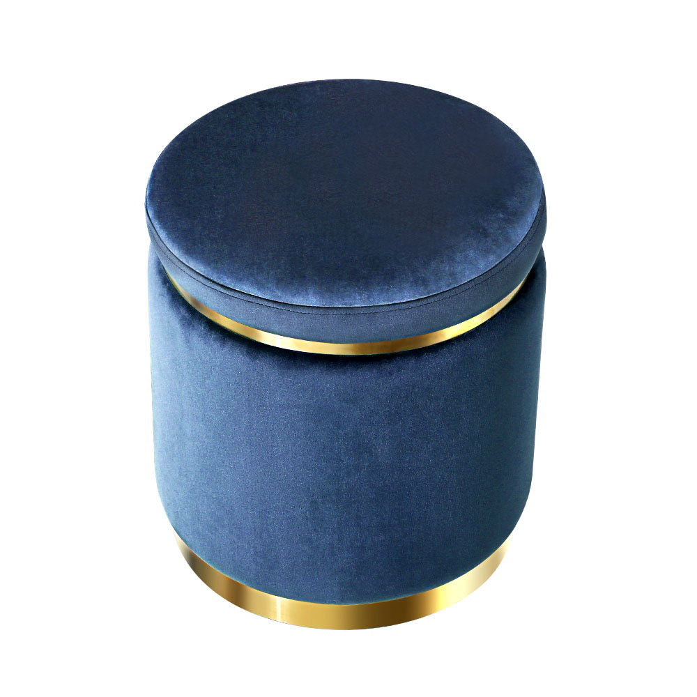 Artiss Round Velvet Navy Foot Stool Ottoman with tufted design and gold stainless-steel rings, perfect for home decor.