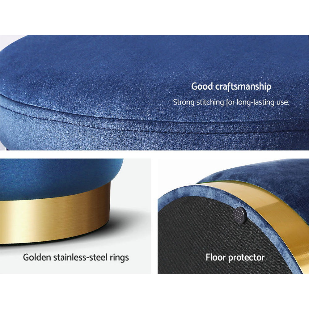 Artiss Round Velvet Navy Foot Stool Ottoman with tufted design and gold stainless-steel rings, perfect for home decor.