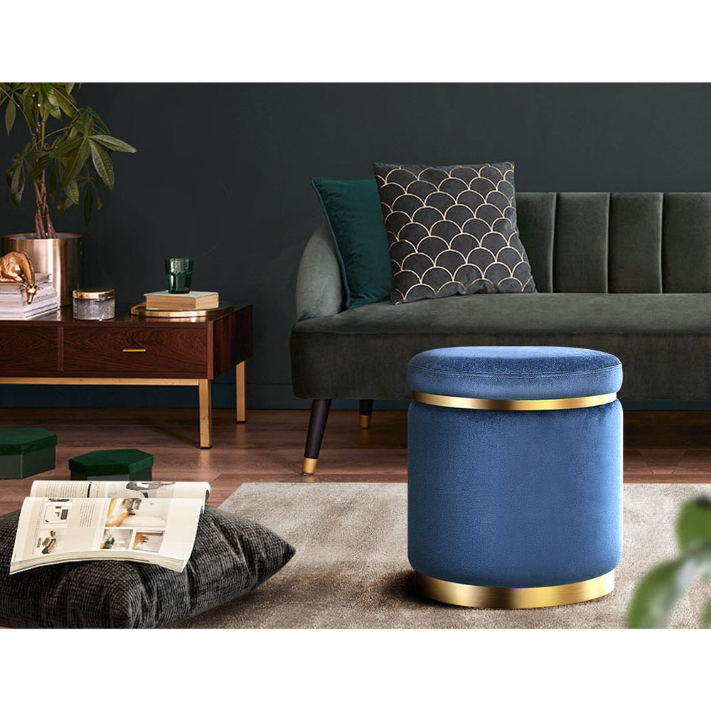 Artiss Round Velvet Navy Foot Stool Ottoman with tufted design and gold stainless-steel rings, perfect for home decor.