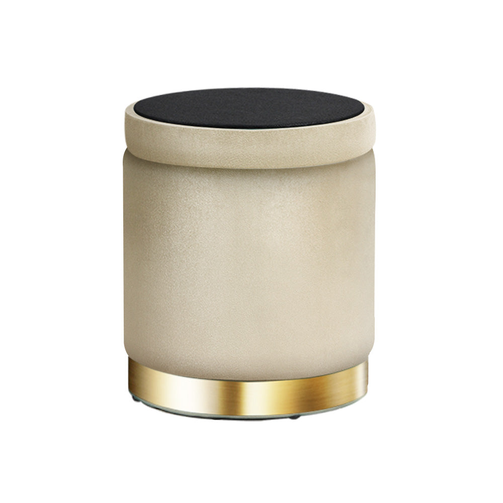 Artiss Foot Stool Storage Ottoman in cream velvet with tufted design and gold stainless-steel ring, showcasing its elegant and functional features.