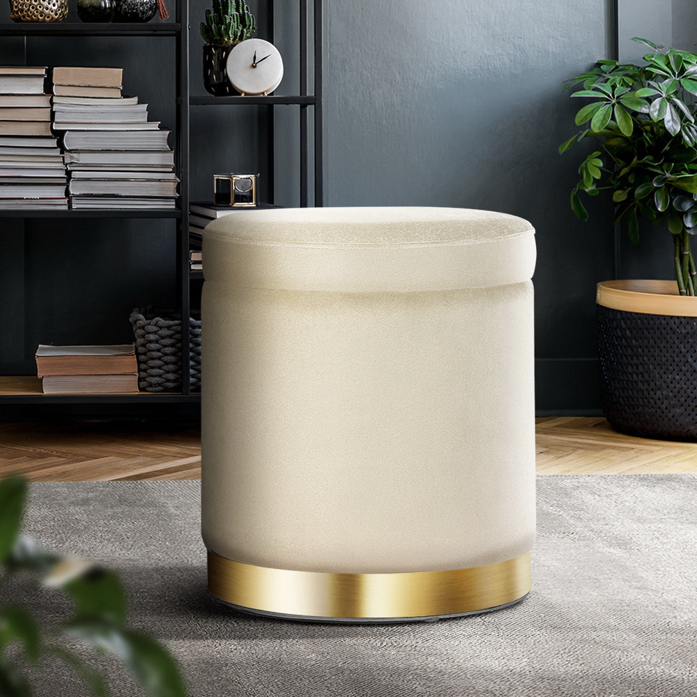 Artiss Foot Stool Storage Ottoman in cream velvet with tufted design and gold stainless-steel ring, showcasing its elegant and functional features.