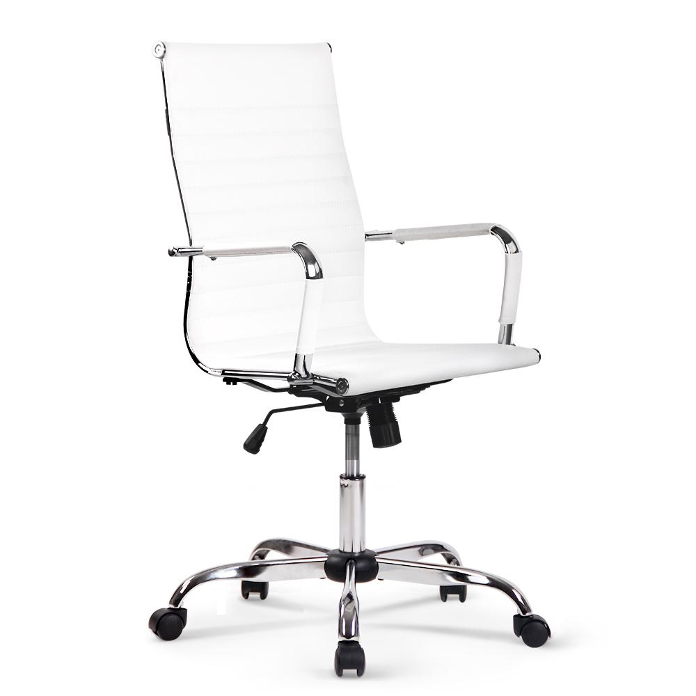 Artiss Gaming Office Chair in white PU leather with chrome base, showcasing high back support and 360° rotation.