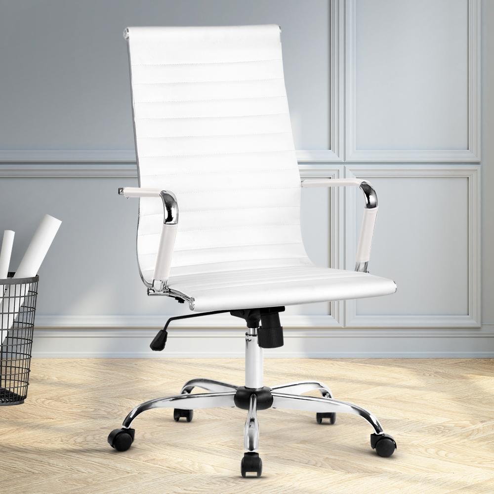 Artiss Gaming Office Chair in white PU leather with chrome base, showcasing high back support and 360° rotation.