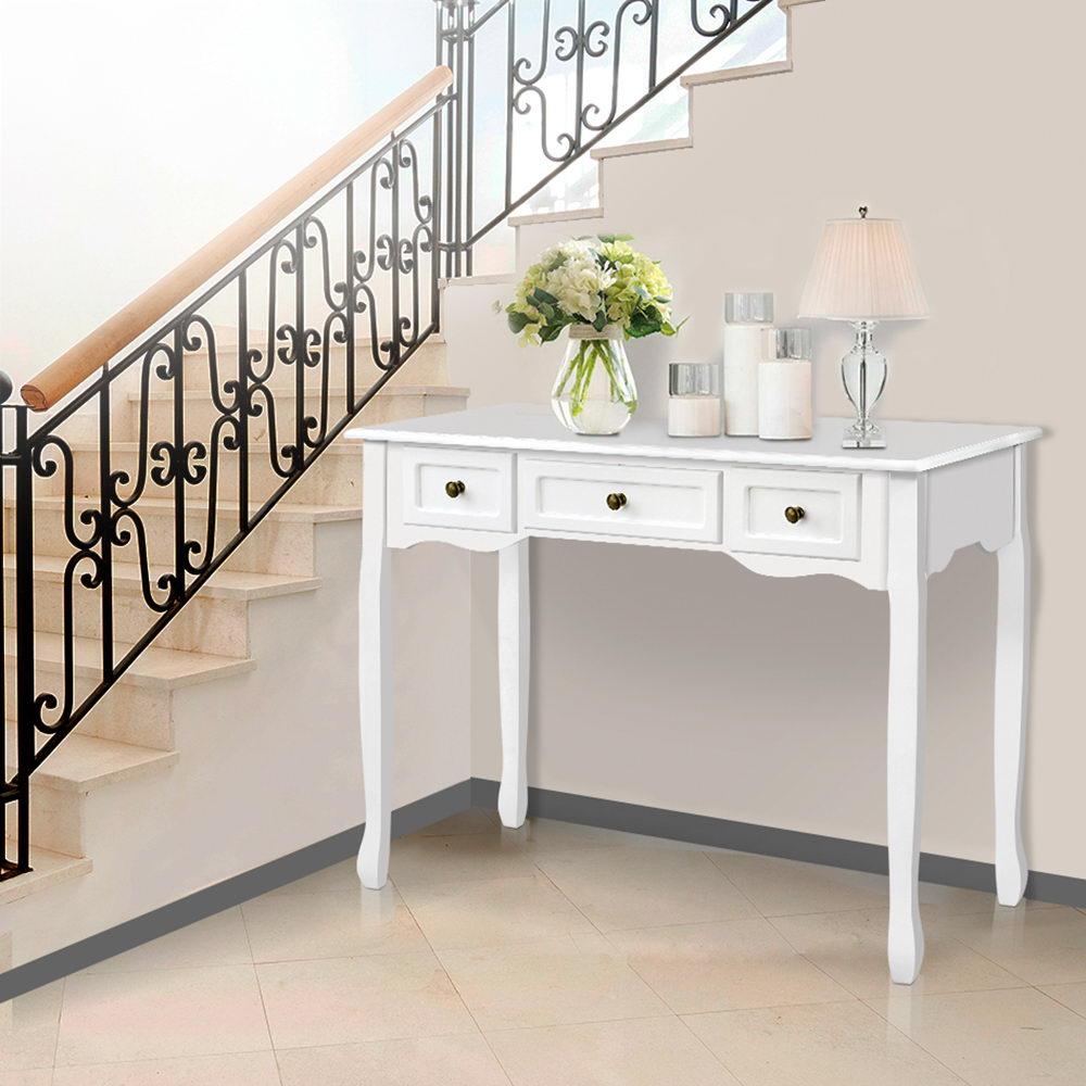 Artiss Hall Console Table in white, featuring three drawers and vintage French provincial design, perfect for hallways and entryways.