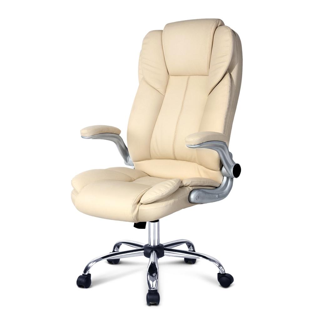 Artiss Kea Executive Office Chair in beige leather with chrome base, featuring a high back design and padded armrests.