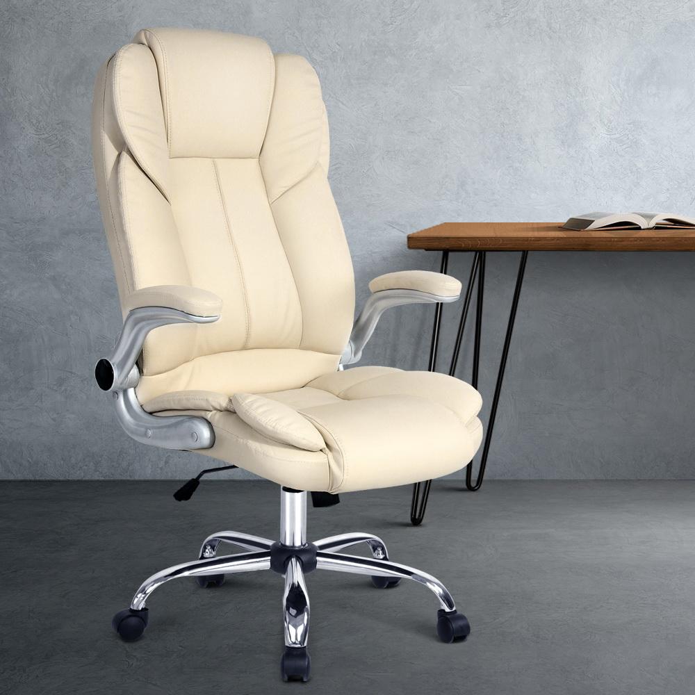 Artiss Kea Executive Office Chair in beige leather with chrome base, featuring a high back design and padded armrests.