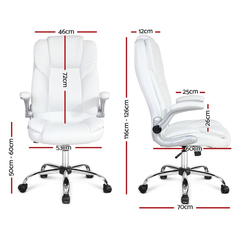 Artiss Kea Executive Office Chair in white leather with ergonomic design and chrome base, featuring padded armrests and lumbar support.