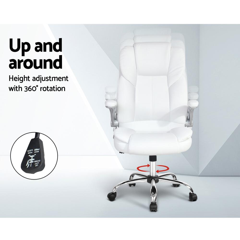 Artiss Kea Executive Office Chair in white leather with ergonomic design and chrome base, featuring padded armrests and lumbar support.