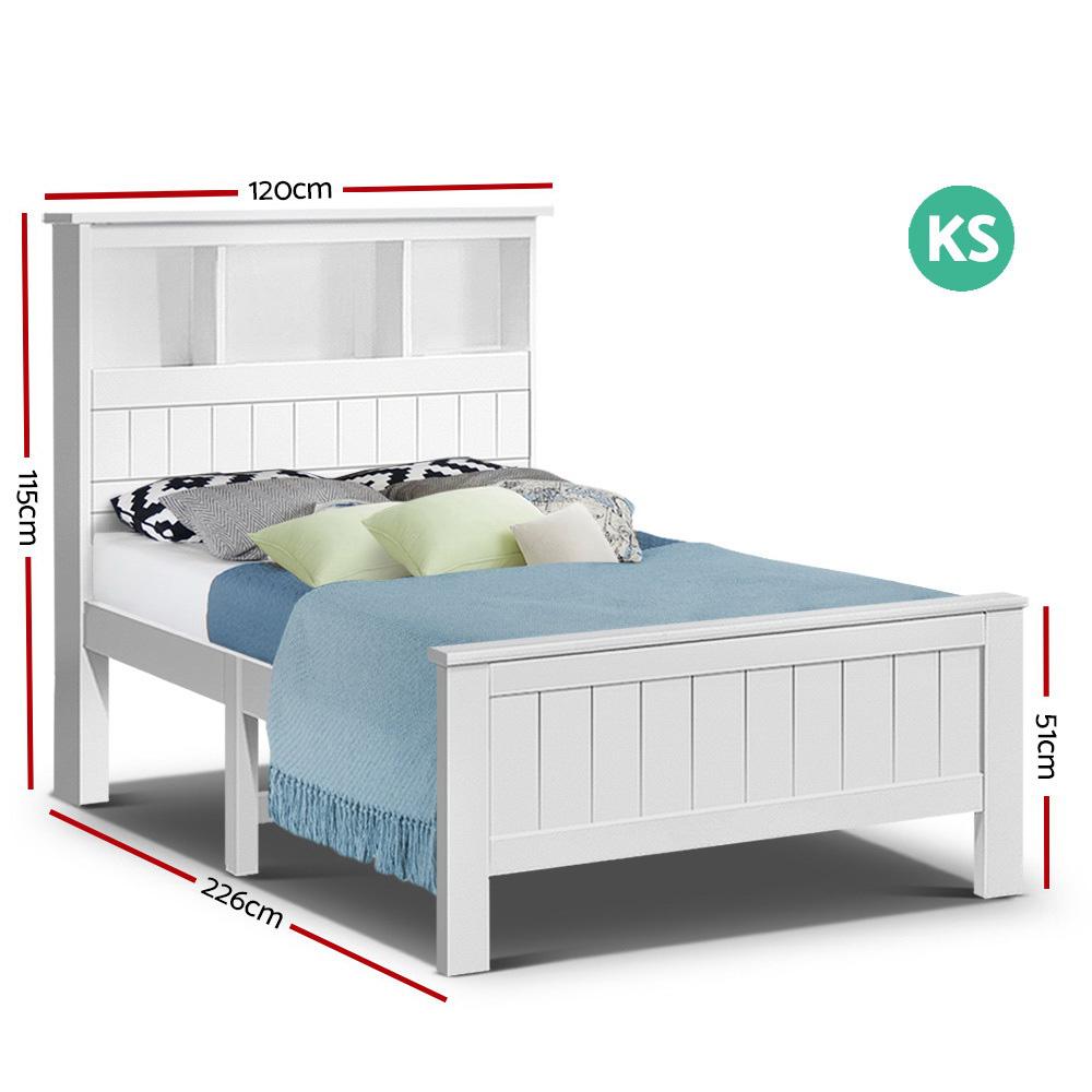 Artiss King Single Wooden Timber Bed Frame made of natural pine wood with a white finish, featuring a headboard with storage compartments.