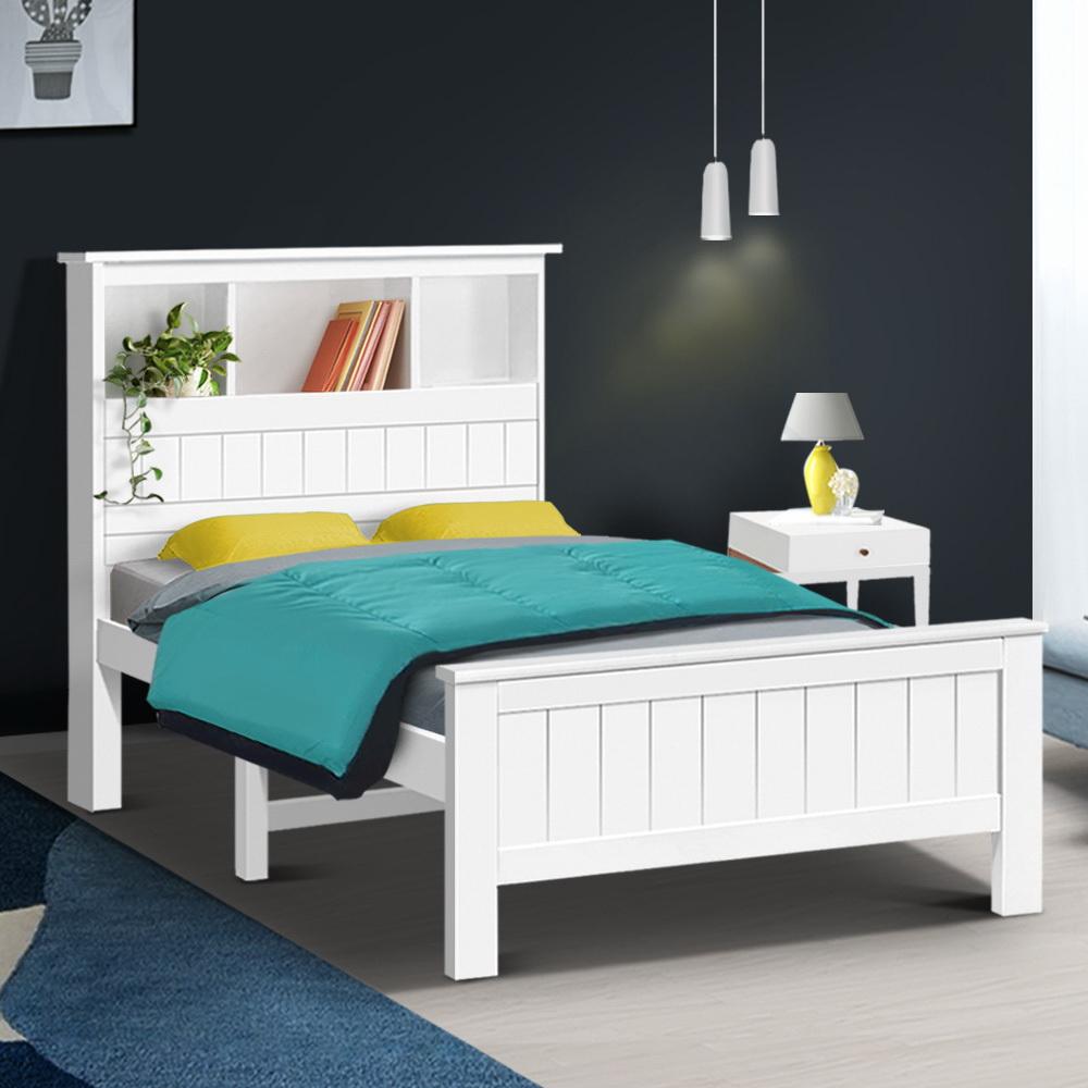 Artiss King Single Wooden Timber Bed Frame made of natural pine wood with a white finish, featuring a headboard with storage compartments.