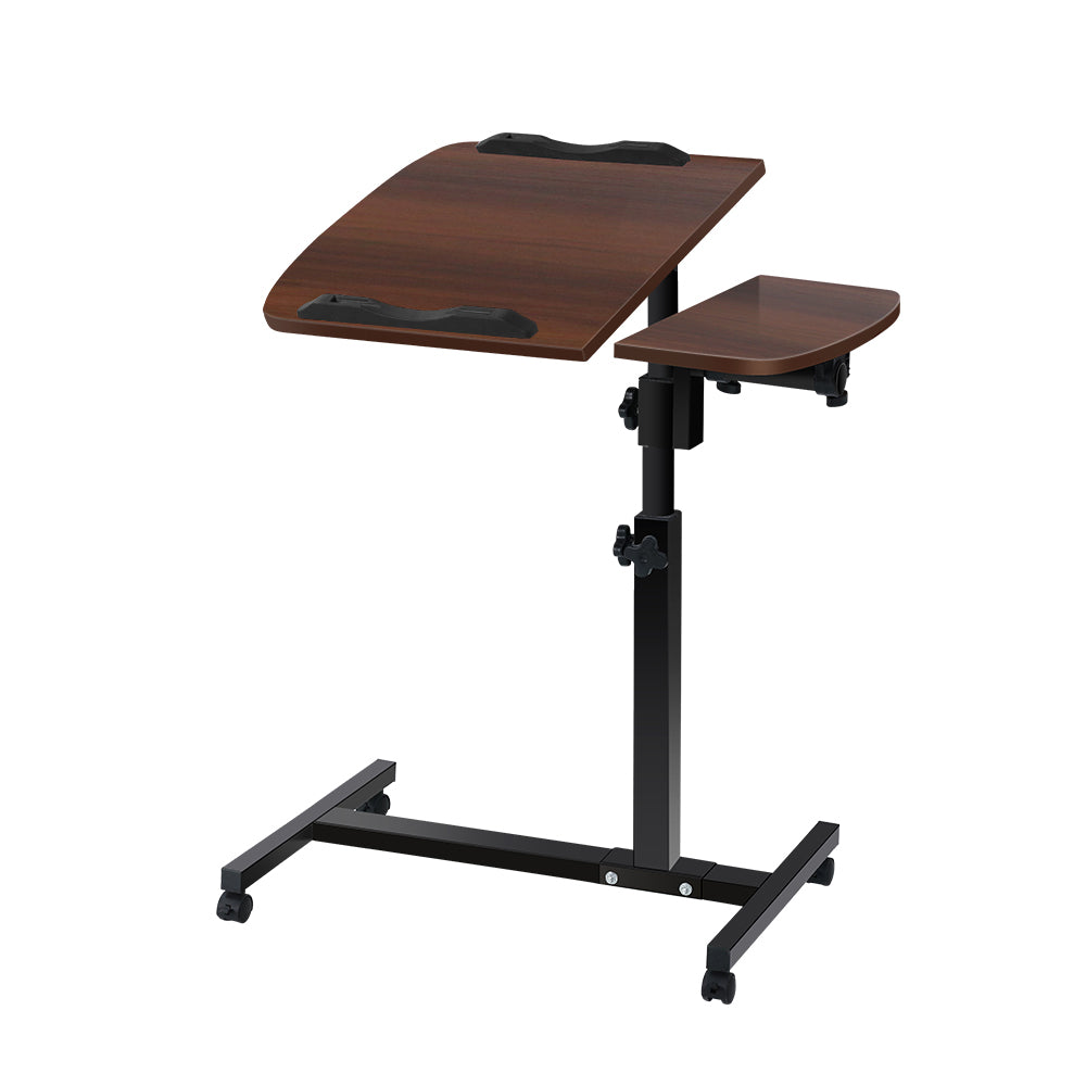 Artiss Laptop Table Desk Adjustable Stand in Walnut with caster wheels and adjustable height features.