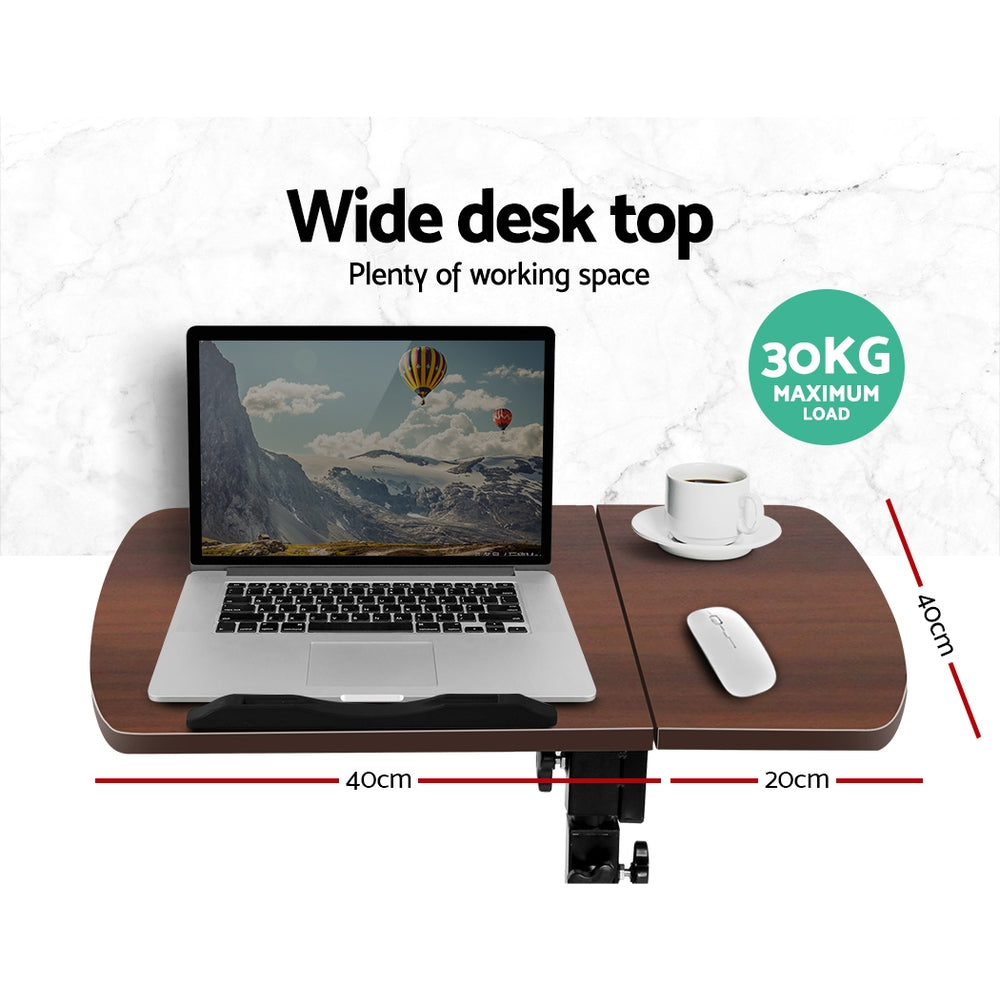 Artiss Laptop Table Desk Adjustable Stand in Walnut with caster wheels and adjustable height features.