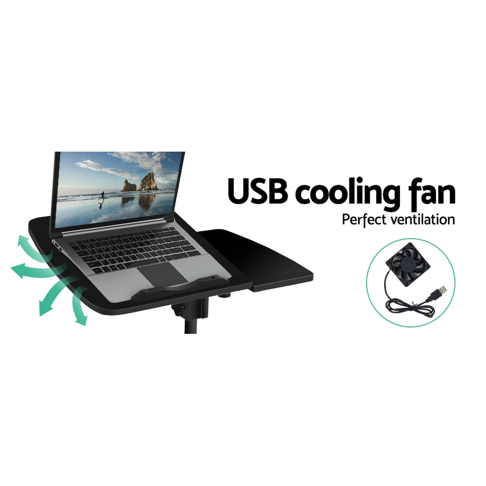 Artiss Adjustable Laptop Table Desk in black with USB cooler, showcasing its rotating design and sturdy construction.