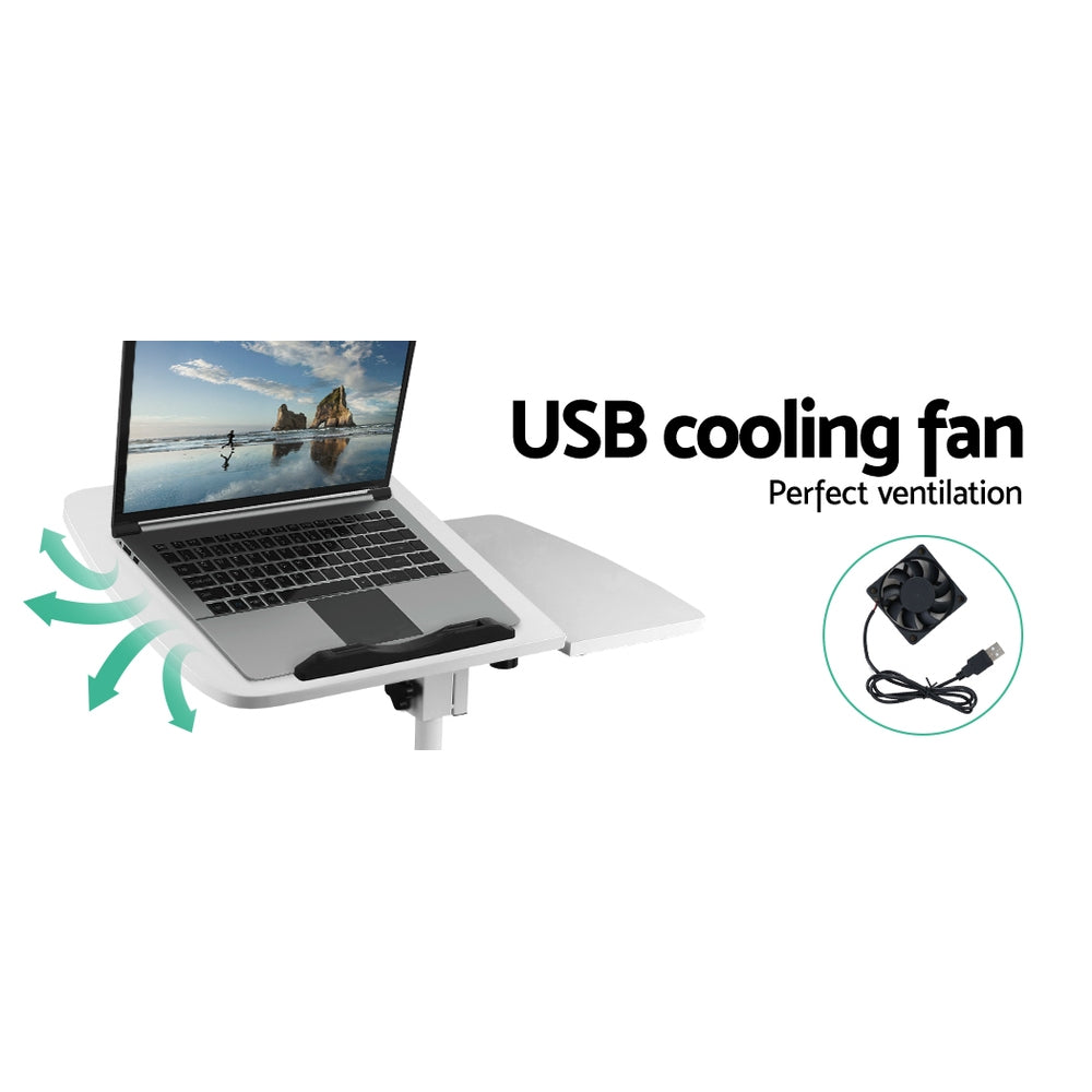 Artiss Adjustable Laptop Table Desk in white with USB cooler and rotating features, showcasing its sleek design and sturdy construction.