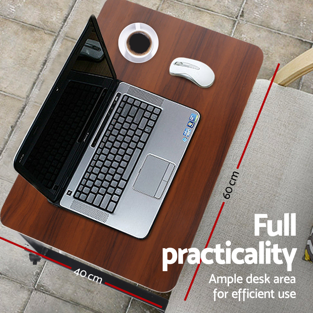 Artiss Laptop Table Desk in dark wood finish, featuring adjustable height and 360-degree rotating wheels, perfect for portable workspace.