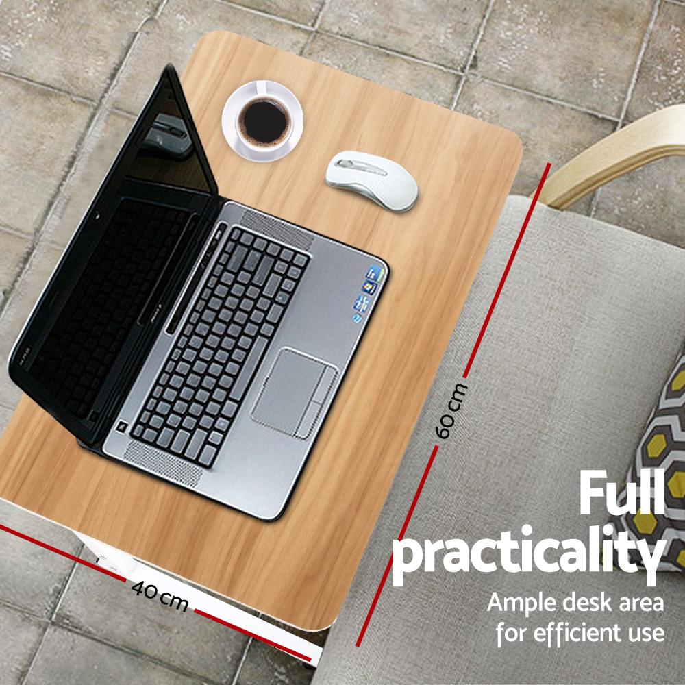 Artiss Laptop Table Desk in light wood finish, featuring adjustable height and 360-degree rotating wheels, ideal for portable use.