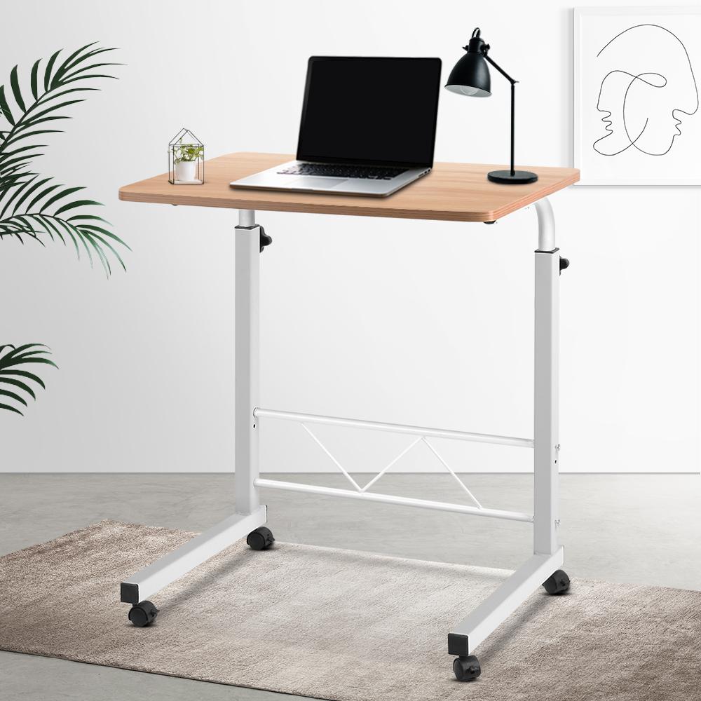 Artiss Laptop Table Desk in light wood finish, featuring adjustable height and 360-degree rotating wheels, ideal for portable use.