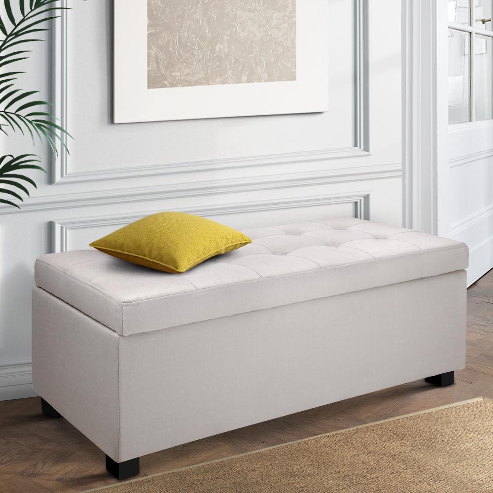 Artiss Large Fabric Storage Ottoman in Beige with plush cushion-top and solid wood legs, showcasing its elegant design and spacious storage.