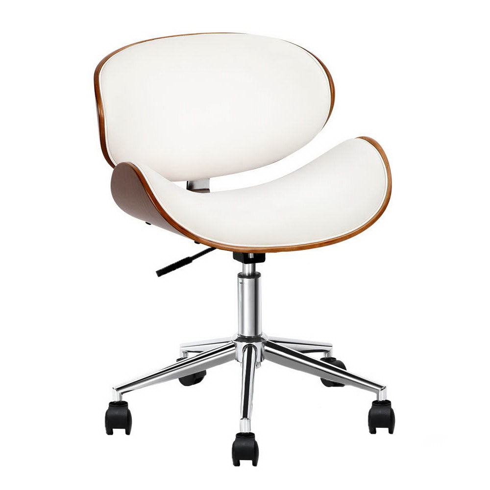 Artiss Leather Office Chair in White with wooden frame and castor wheels, showcasing a modern design and cushioned support.