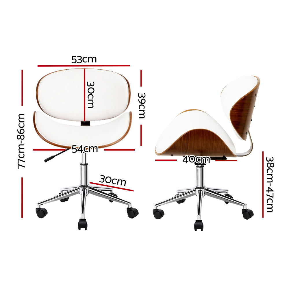 Artiss Leather Office Chair in White with wooden frame and castor wheels, showcasing a modern design and cushioned support.