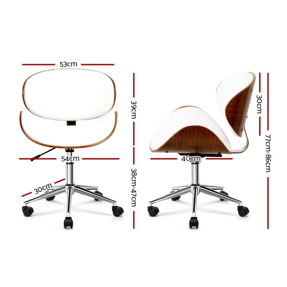 Artiss Leather Office Chair in White with walnut base, featuring a unique winged design and cushioned seat for comfort.