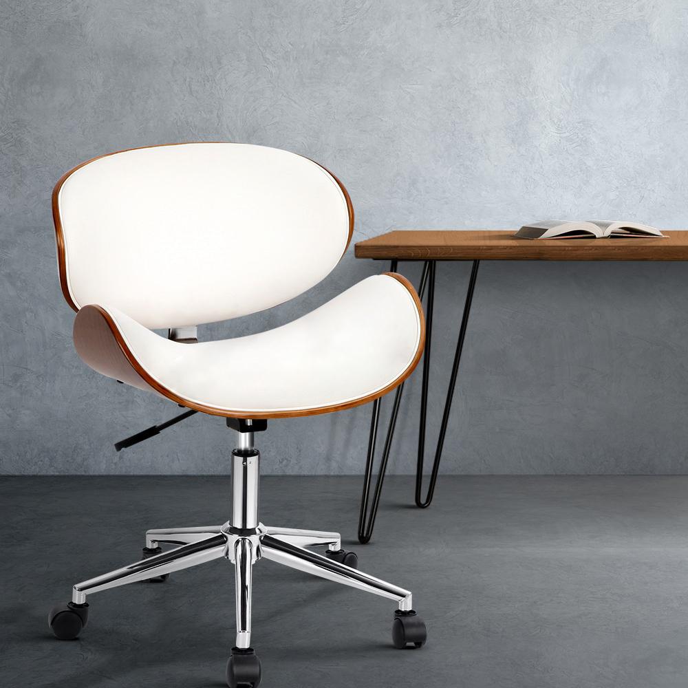 Artiss Leather Office Chair in White with walnut base, featuring a unique winged design and cushioned seat for comfort.