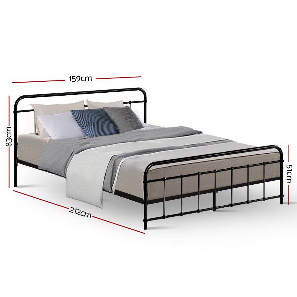 Artiss LEO Metal Bed Frame in Queen size, featuring a black powder-coated steel frame with a country-style design and ample under-bed storage.