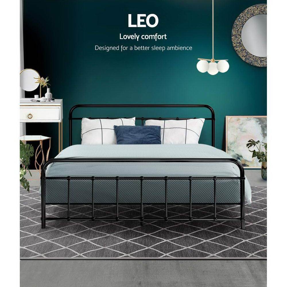 Artiss LEO Metal Bed Frame in Queen size, featuring a black powder-coated steel frame with a country-style design and ample under-bed storage.