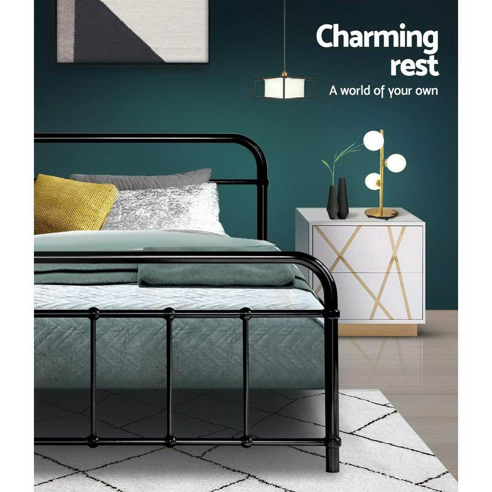 Artiss LEO Metal Bed Frame in Queen size, featuring a black powder-coated steel frame with a country-style design and ample under-bed storage.