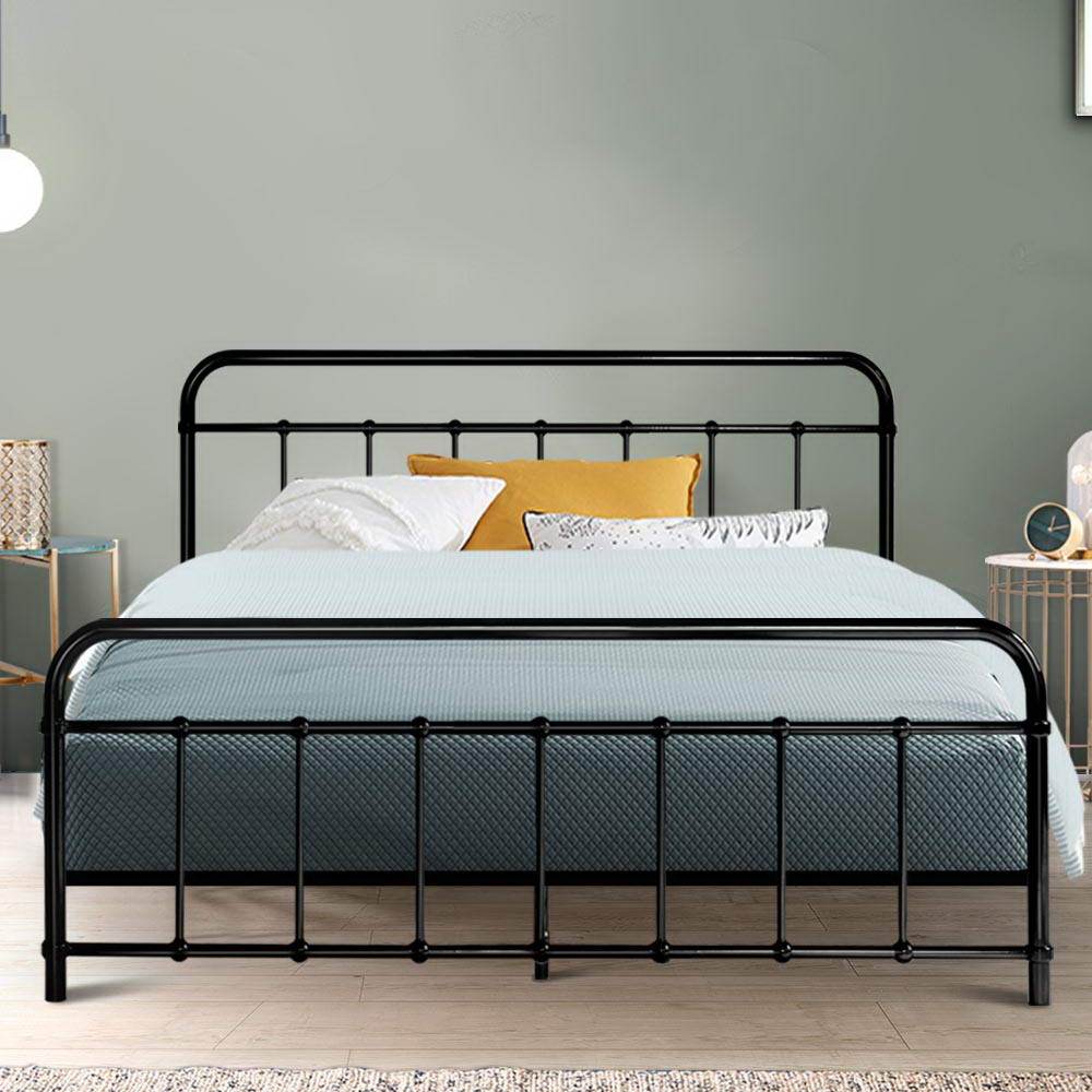 Artiss LEO Metal Bed Frame in Queen size, featuring a black powder-coated steel frame with a country-style design and ample under-bed storage.