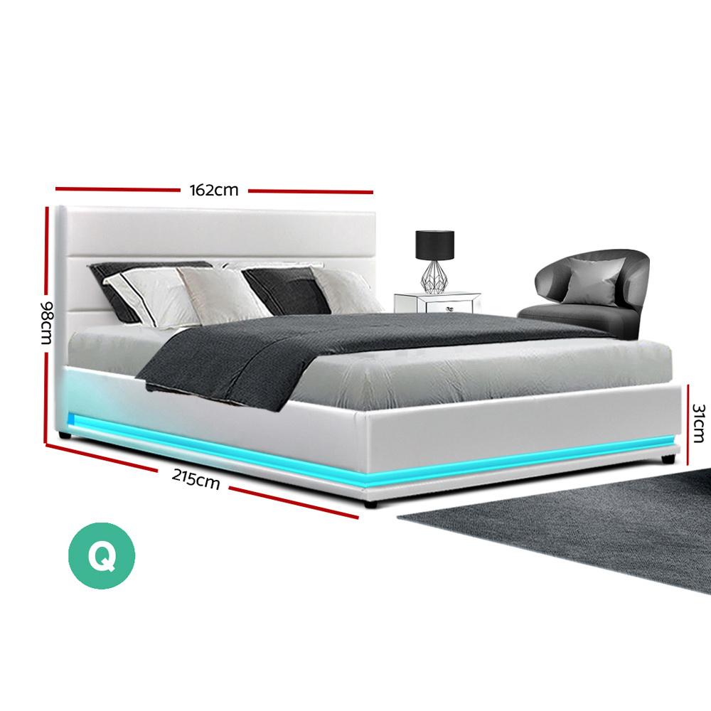 Artiss Lumi LED Bed Frame in white PU leather with gas lift storage and colorful LED lights, showcasing a modern design and spacious headboard.