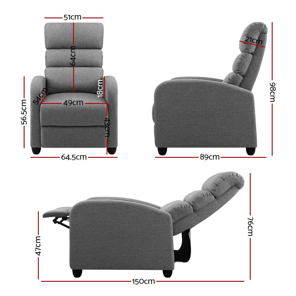 Artiss Luxury Recliner Chair in grey faux linen fabric, showcasing its elegant design and comfortable padding.