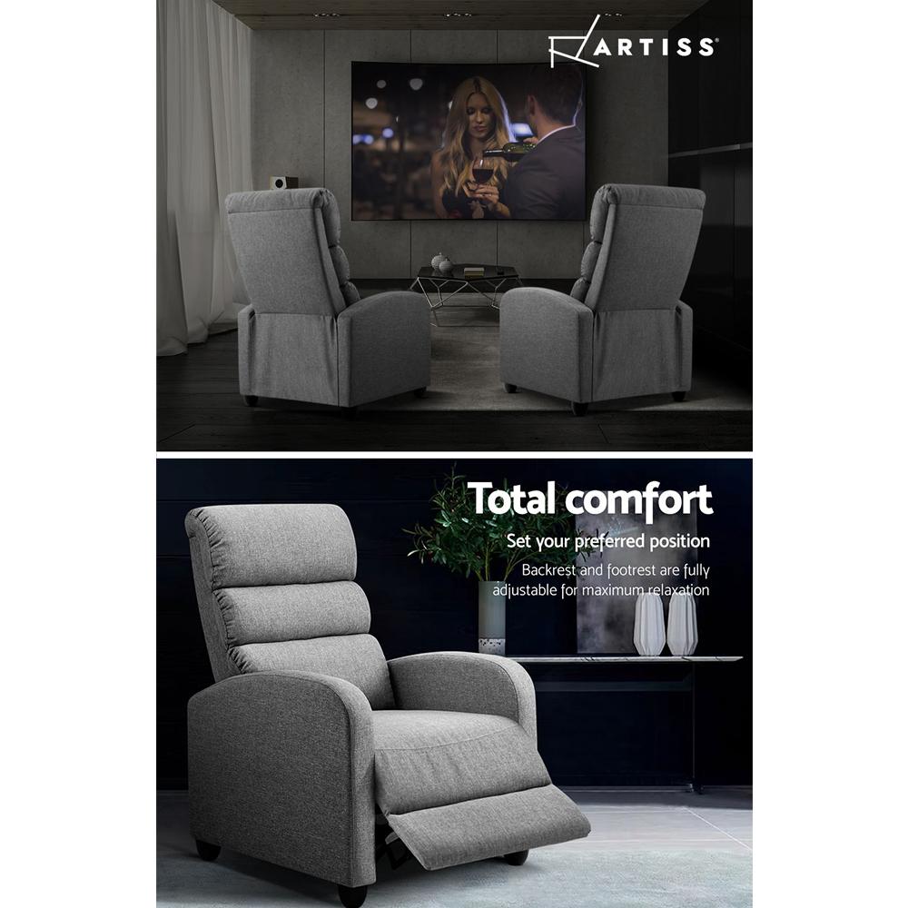 Artiss Luxury Recliner Chair in grey faux linen fabric, showcasing its elegant design and comfortable padding.