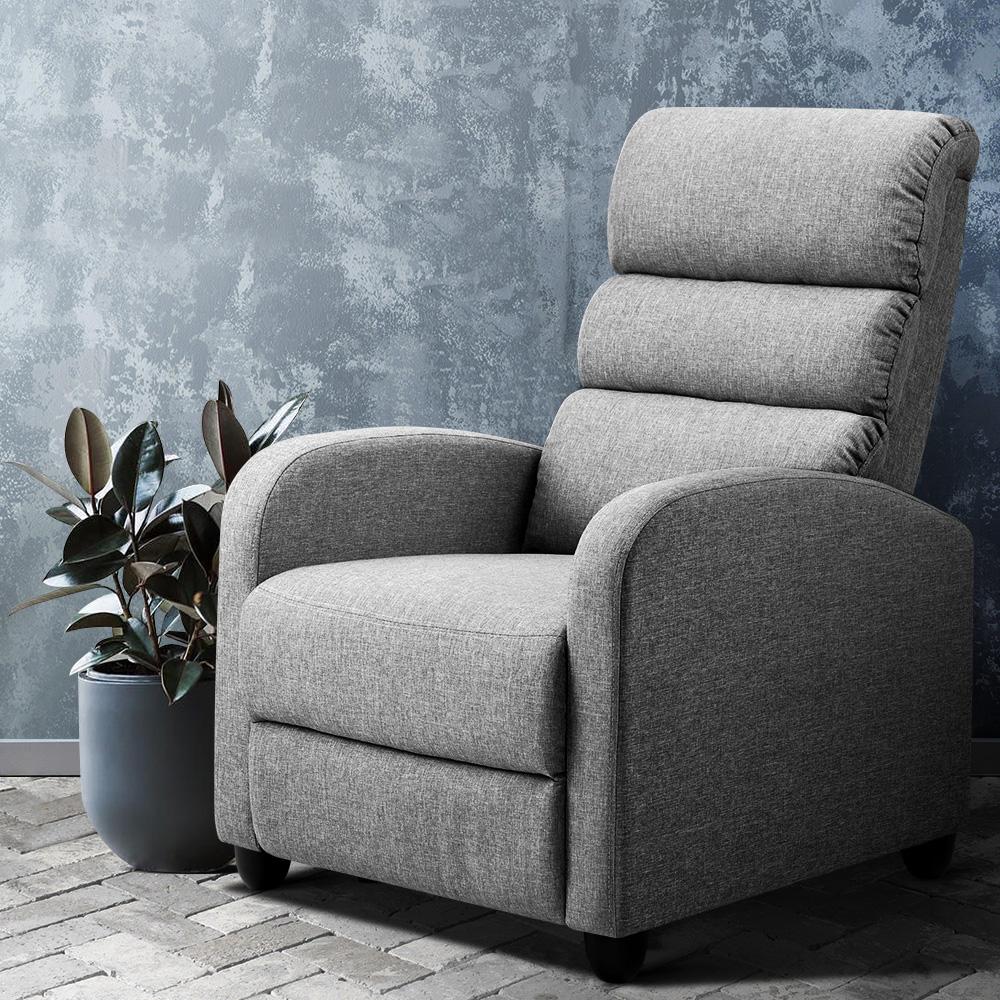 Artiss Luxury Recliner Chair in grey faux linen fabric, showcasing its elegant design and comfortable padding.