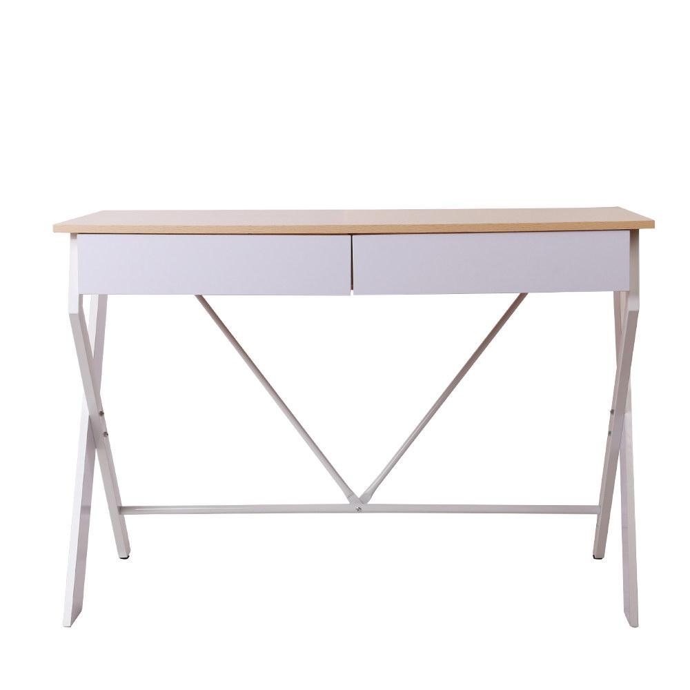 Artiss Metal Desk with Drawer featuring a white frame and oak top, showcasing its modern design and spacious drawers.