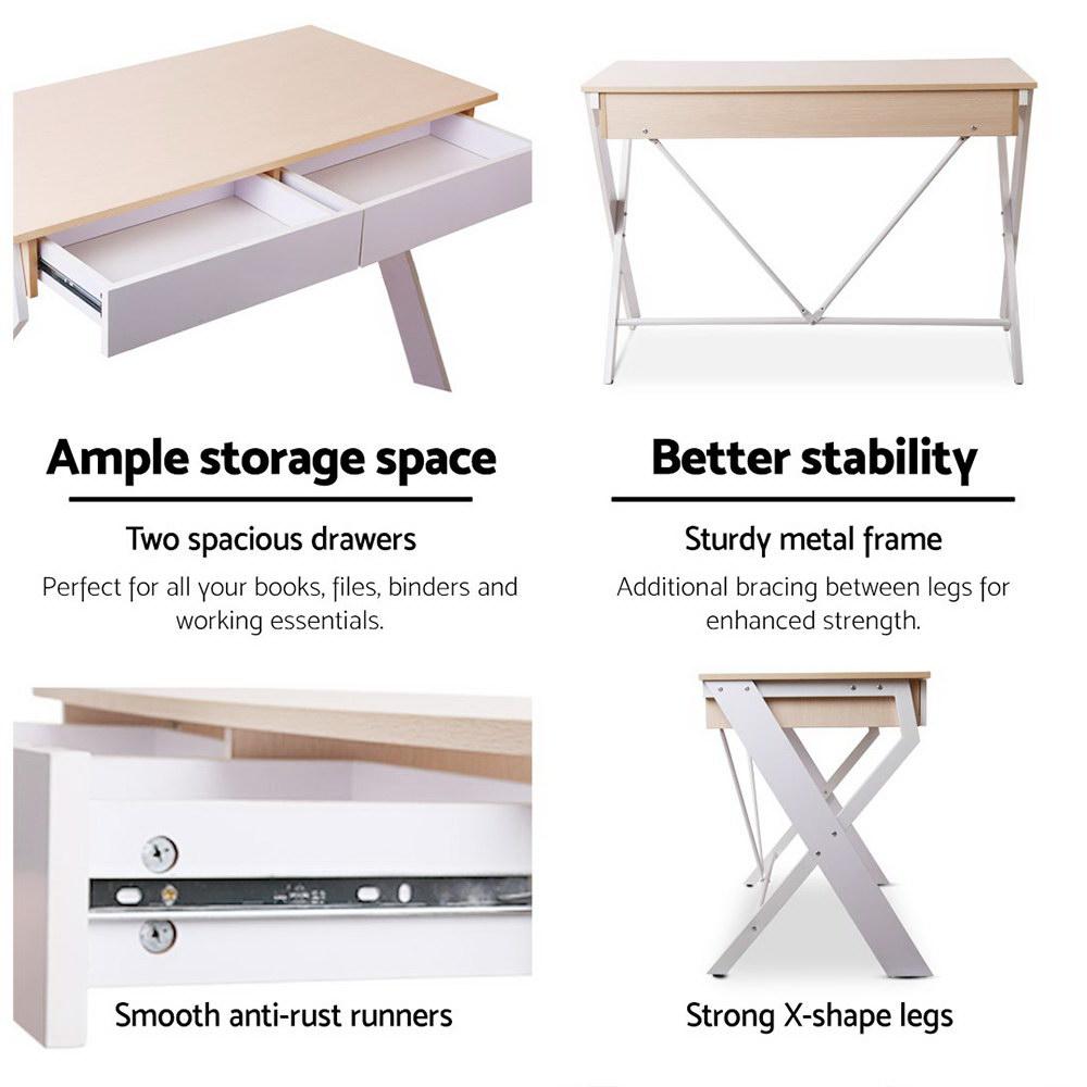 Artiss Metal Desk with Drawer featuring a white frame and oak top, showcasing its modern design and spacious drawers.