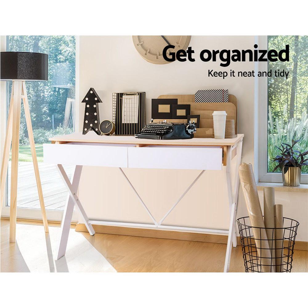 Artiss Metal Desk with Drawer featuring a white frame and oak top, showcasing its modern design and spacious drawers.