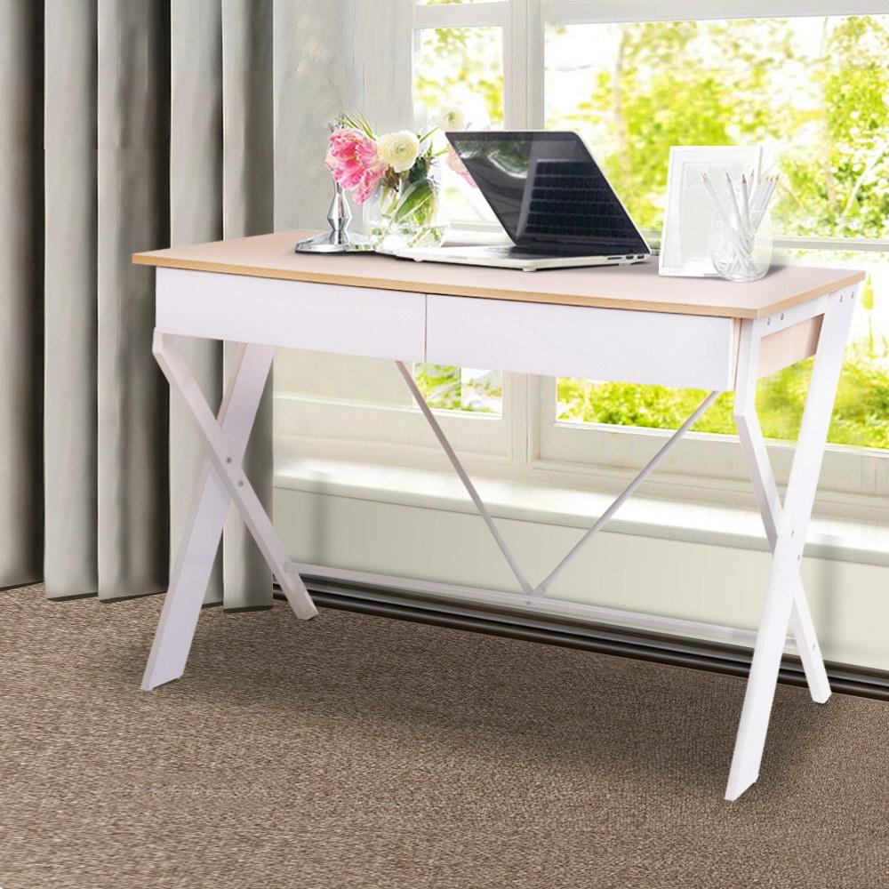 Artiss Metal Desk with Drawer featuring a white frame and oak top, showcasing its modern design and spacious drawers.