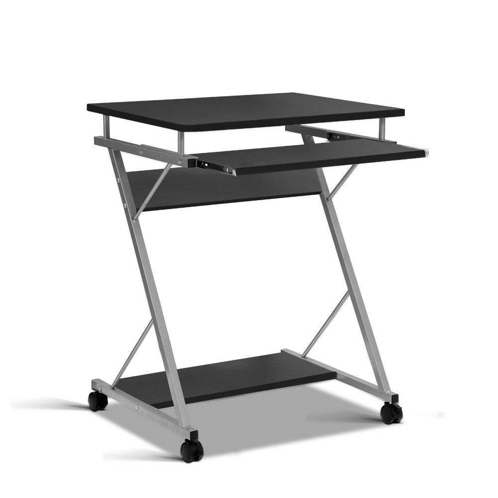 Artiss Metal Pull Out Table Desk in Black with sliding keyboard tray and bottom shelf, showcasing its modern design and mobility features.