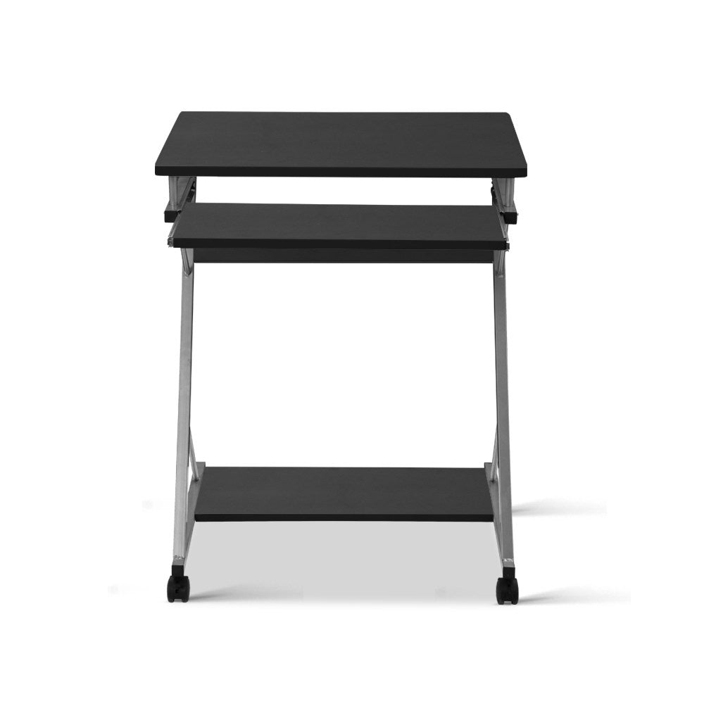 Artiss Metal Pull Out Table Desk in Black with sliding keyboard tray and bottom shelf, showcasing its modern design and mobility features.