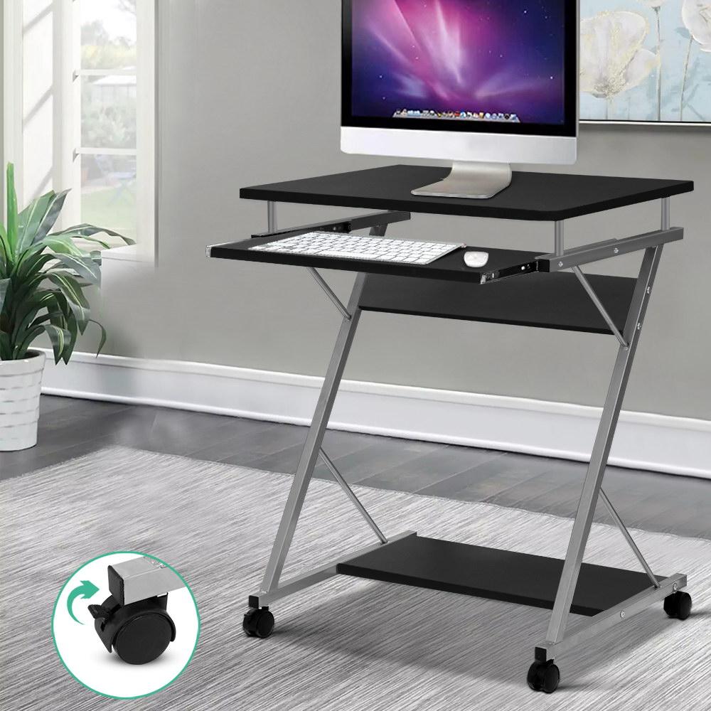 Artiss Metal Pull Out Table Desk in Black with sliding keyboard tray and bottom shelf for CPU and printer.