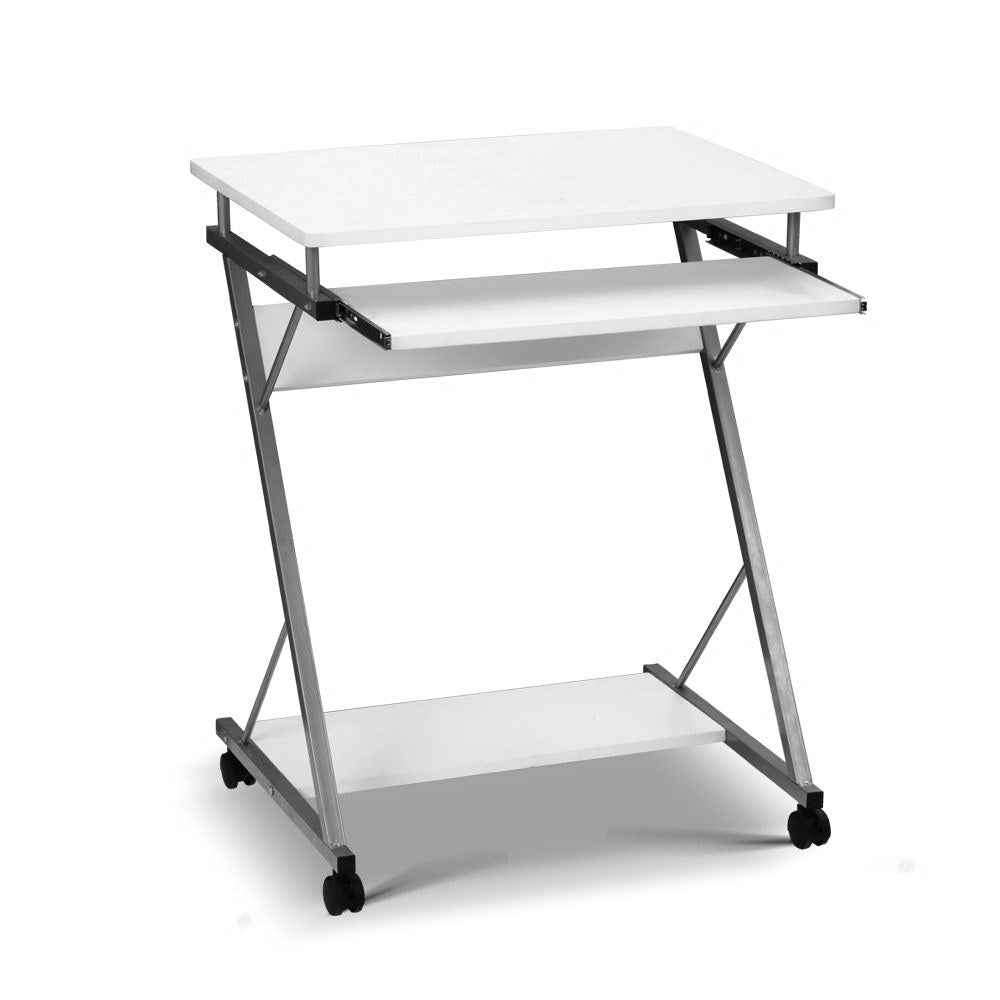 Artiss Metal Pull Out Table Desk in White with sliding keyboard tray and bottom shelf, showcasing its modern design and mobility features.